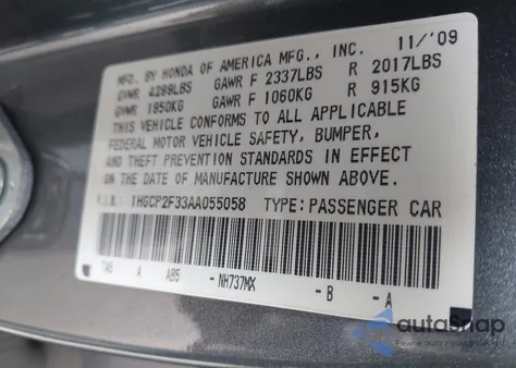 2010 Honda Accord 2.4 Lx z USA, uszkodzony, nr VIN 1HGCP2F33AA055058